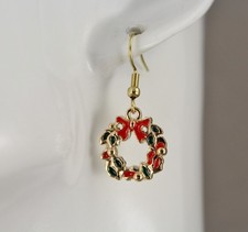 Wreath earrings dangle lightweight 1.25" long Christmas bow gold red green