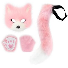 HAOAN Faux Fur Cat Masks Fox Tail and Paw Gloves Set One Size, Pinkwhite