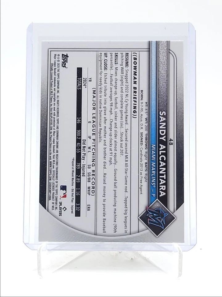 SANDY ALCANTARA 2025 BOWMAN CHROME SAPPHIRE VETERANS YELLOW /75 Q3967 - Image 2 of 2