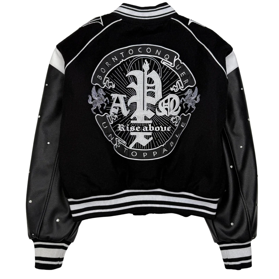 Chaqueta universitaria Smoke Rise para mujer talla M negra blanca bordada bombardero Foto 4 de 4