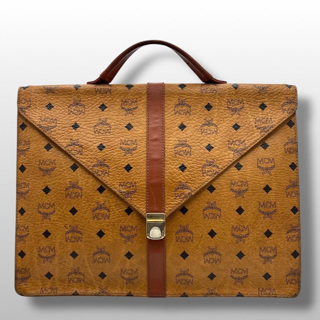 MCM Visetos Leather Business Bag Briefcase Monogram Brown Authentic Men's