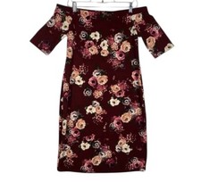 French Grey Burgundy Floral Off the Shoulder Sheath Dress Sz M Boho Chic Merlot