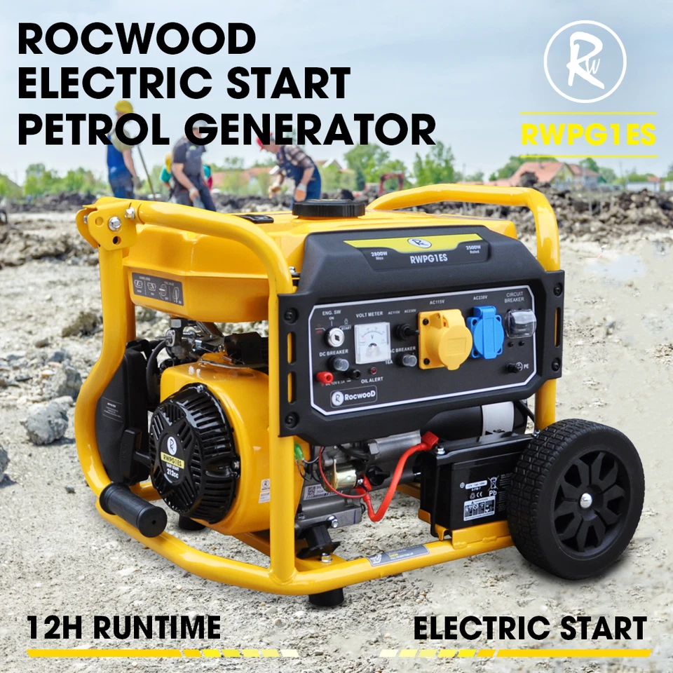 Portable Petrol Generator RocwooD 8HP 115V/230V Quiet Electric Key Start Wheels