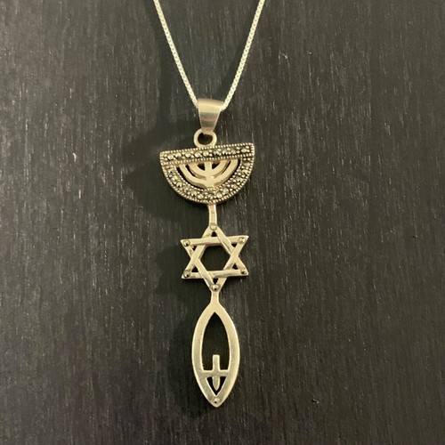 Messianic Sterling Silver Pendant Necklace Marcasite Menorah Star David Ichthys