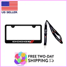 Dodge Stripe Black License Plate Frame and Lanyard Neck Strap Key Chain Set