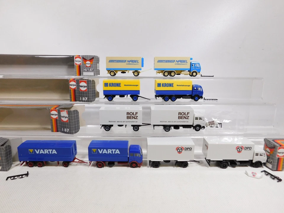 5X Herpa H0 1:87 Rimorchio MB Krone Varta DPD Rolf Benz Nagel Mint Box #DP413-1 - Immagine 2 di 4