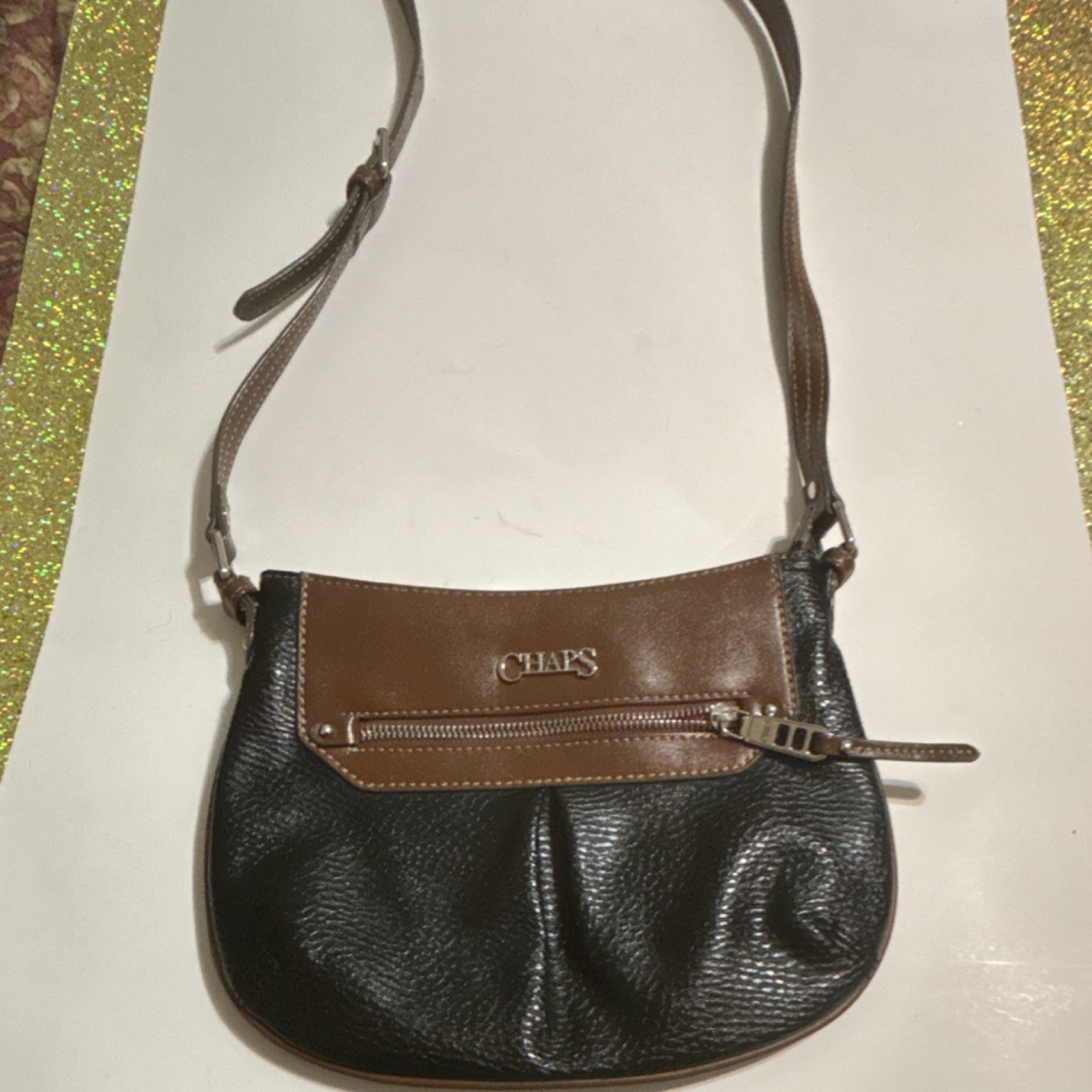 Chaps Black Brown Pebbled Silver Hardware Women's Crossbody Bag Zipper