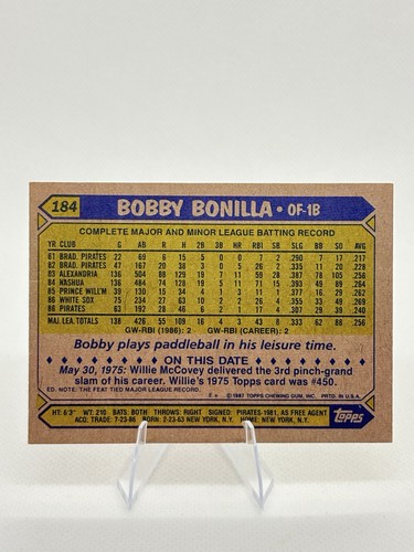 1987 Topps - Bobby Bonilla #184 Rookie Card - Picture 2 of 2