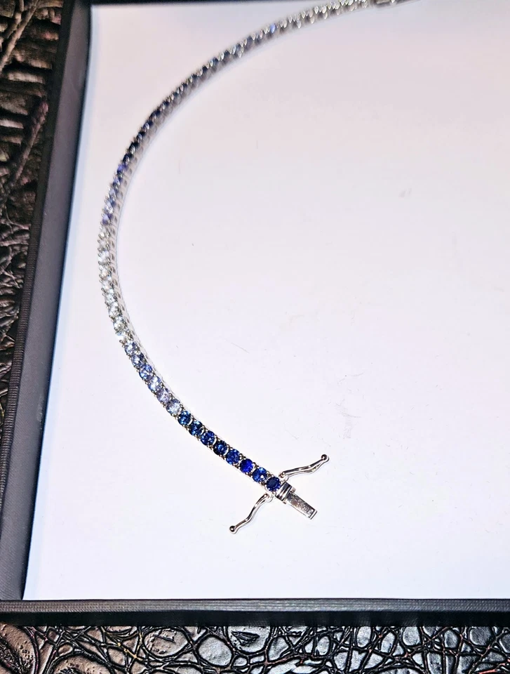 Brazalete tenis zafiro azul a blanco natural oro blanco 14k 7 pulgadas 6,65 Ctw Foto 2 de 3