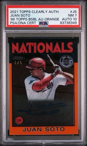 Juan Soto 2021 Topps Signed Clearly 1986 Orange Baseball /5. PSA 9 NM, Auto 10.