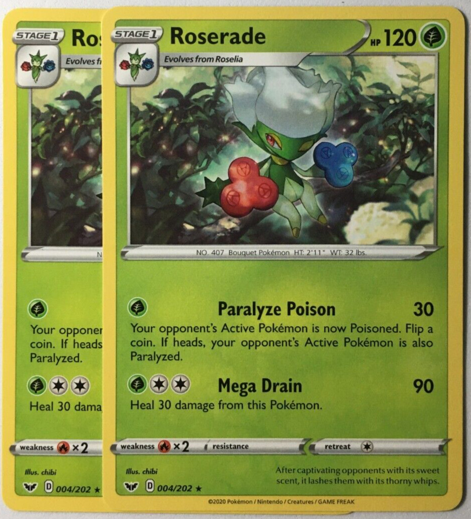 POKEMON 2X ROSERADE 004/202 SWORD & SHIELD RARE NEAR MINT