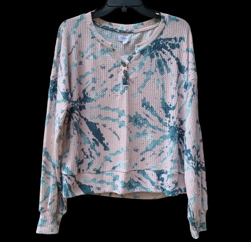 True Craft Women's Size L Oversized Waffle Henley Shirt Top Ash Pink Tie Dye - Picture 15 of 16