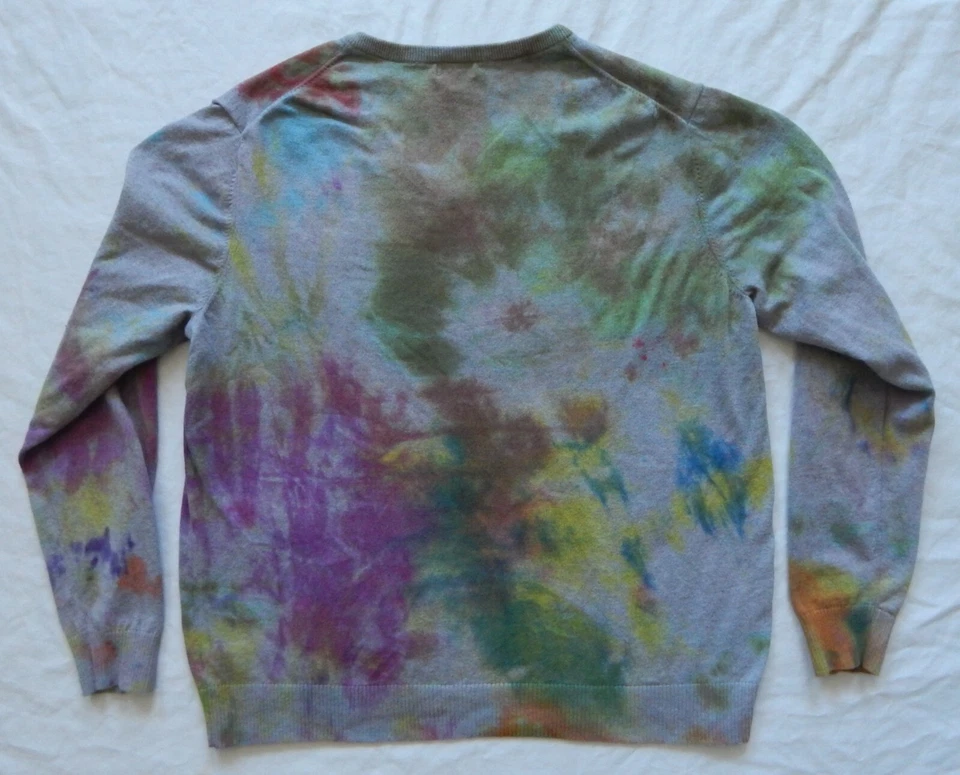 Suéter Pullover Tie Dye Gris Púrpura Cuello en V - XL Para Hombre Hecho a Mano Algodón Foto 2 de 4