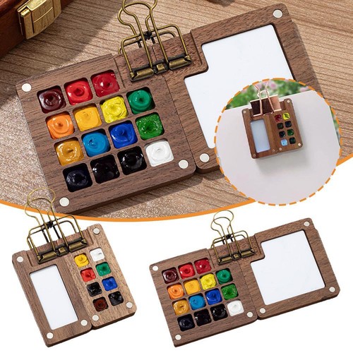 Mini Walnut Watercolor Paint Box 8 ColorsTiny Palette & Mini Sketchbook Set UK