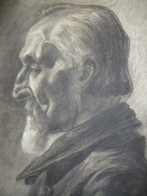 Alte  ORIGINAL - KOHLEZEICHNUNG  '' PORTRAIT - E. Werner - 07 '' ( 1907 ) gerahmt