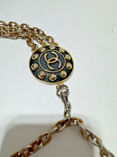 Catena cintura CHANEL vintage logo CC oro nero placca moneta 3 CC RARA tenuta antica - Foto 12 di 20