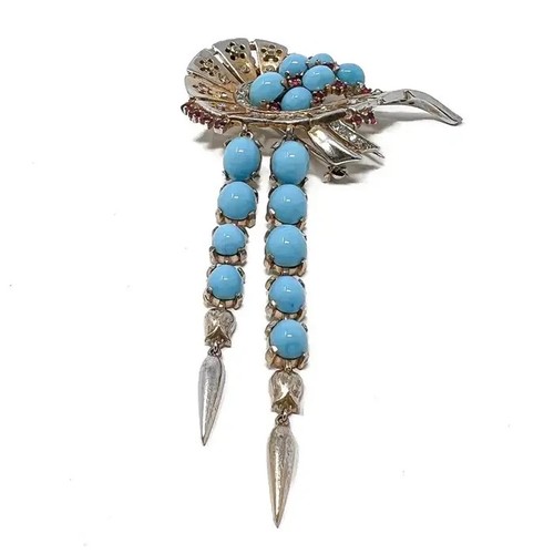 Cabochon Turquoise & Lab Ruby Cocktail Dangle Brooch 925 Fine Silver Party Jewel - Picture 5 of 13
