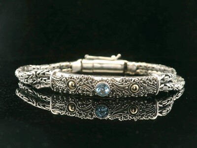 Handgefertigte Silber Borobudur Kette und Blautopas Armband mit Goldakzenten