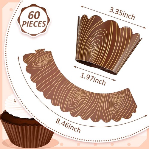 60 Pieces Wood Grain Cupcake Wrappers For Woodland Animal Baby Shower Cup Cake - Picture 2 of 6