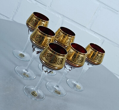 6 magnificent Roman wine Romans liqueur glass ruby red cuppa gilded Bohemia 1...