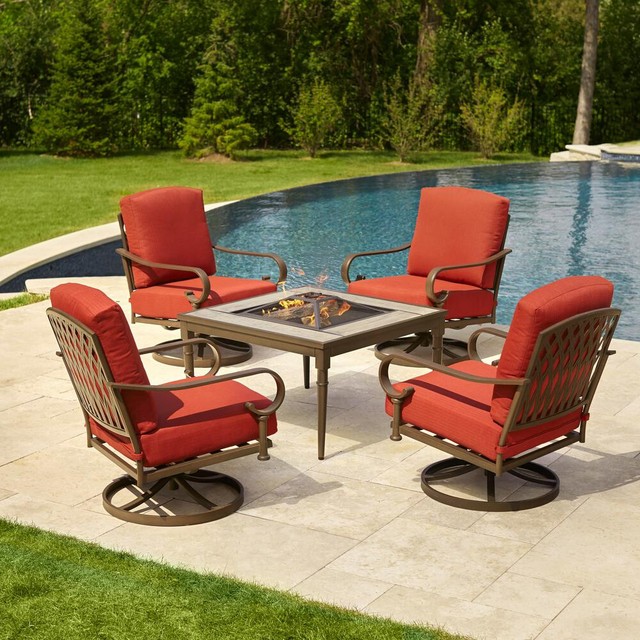Hampton Bay Outdoor 5 Pc Metal Patio Furniture Lounge Set W Cushions Fire Pit