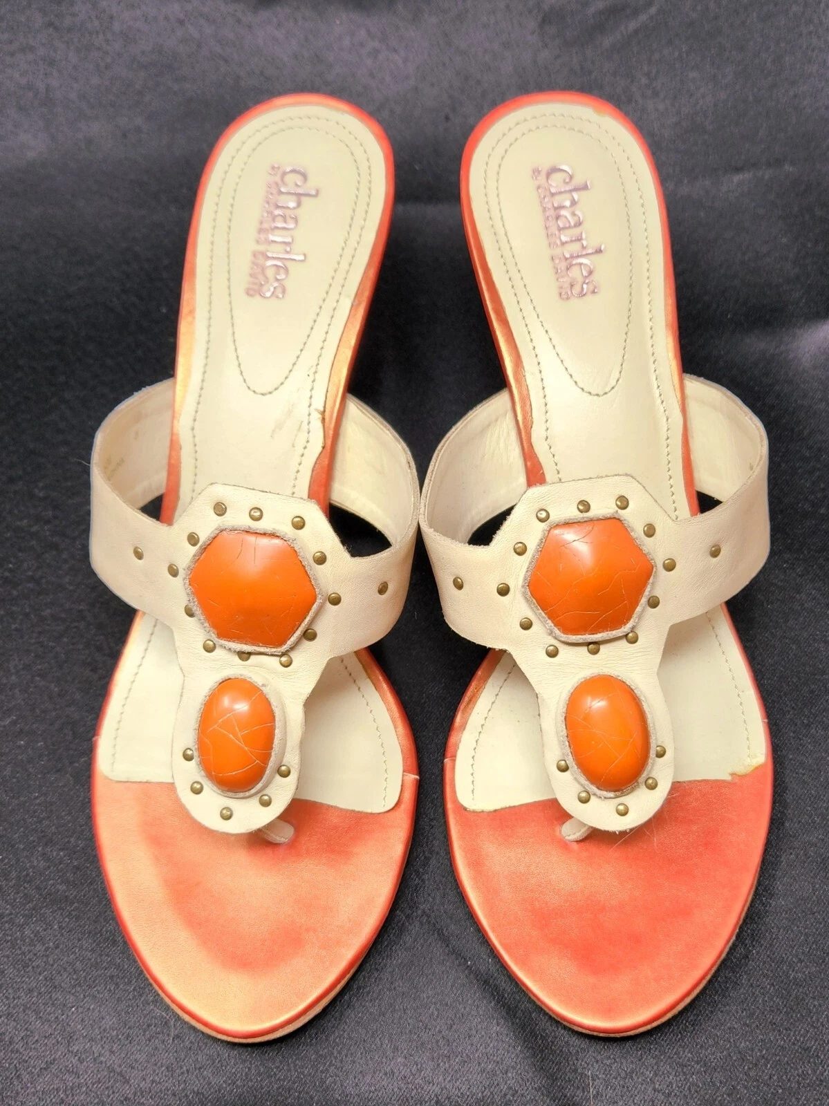 JORDAN Charles David taglia 8 sandali decolte pelle panna arancione iridescente stupendi