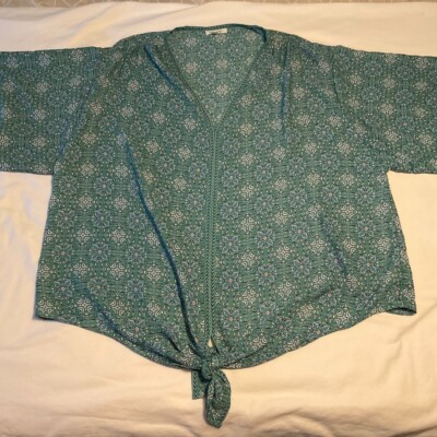Max Studio Women's Plus 3x Top Tie Front Green Print Blouse Top
