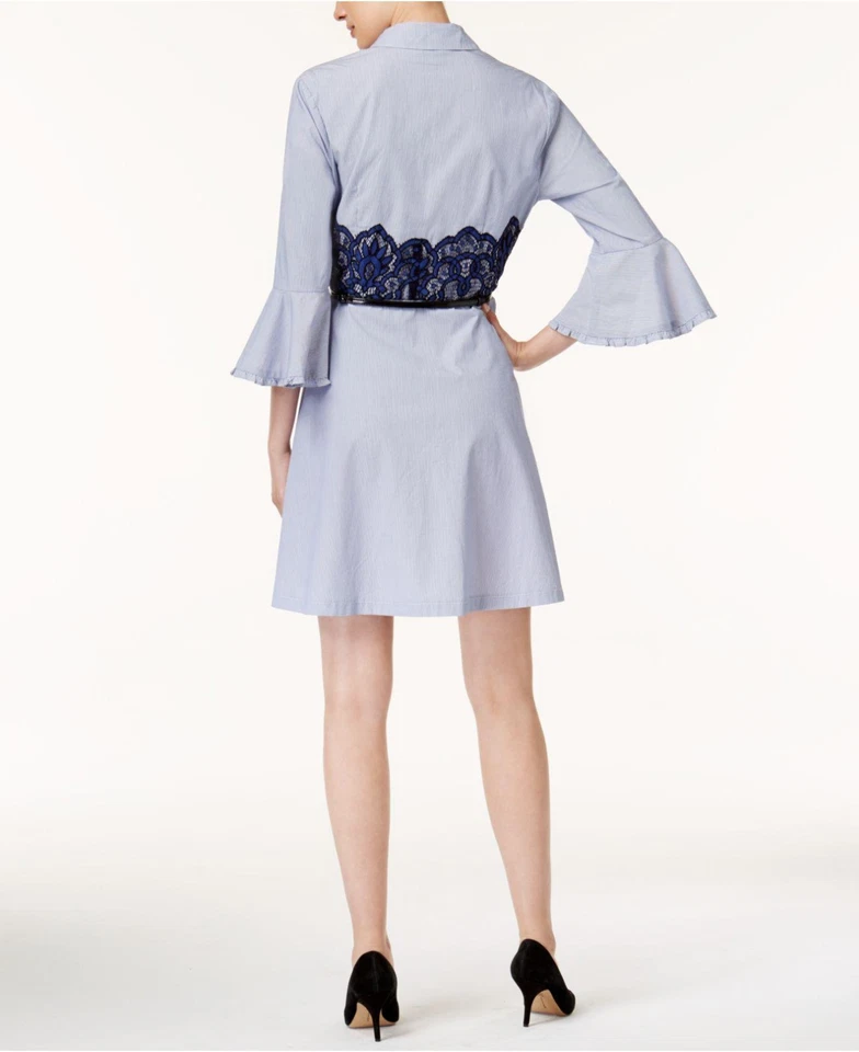 ECI рубашка платье в тонкую полоску кружева деталь с ремнем 14 синий темно-белый новый с Ярлыками - Изображение 2 из 4