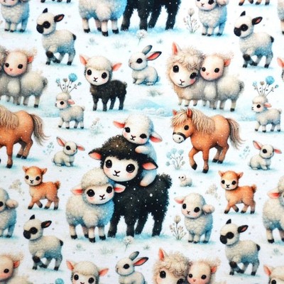 French Terry mit Lamm Lämmchen Schafe Pferde Hasen 50 x 150 cm   Nähen