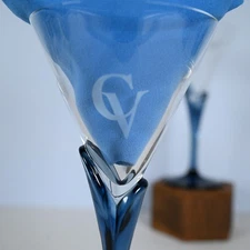 2 “House Of Courvoisier” Cognac Martini Glasses With Long Stem Tulip Design Blue