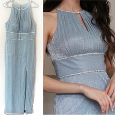Oleg Cassini Light Blue Metallic High Neck Keyhole Maxi Dress Gown 12 Wedding