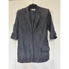 Calvin Klein Women's Gray Blue Chanbray Linen Blazer Jacket Ruched Sleeves 10/12