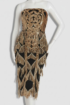 Dress The Population Women's Black Gold Sequined Viviana Fringe Dress Size' XS
