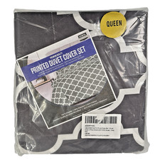 Queen Duvet Cover 3 pc Set Gray  White Quatrefoil Pattern Brushed Microfiber