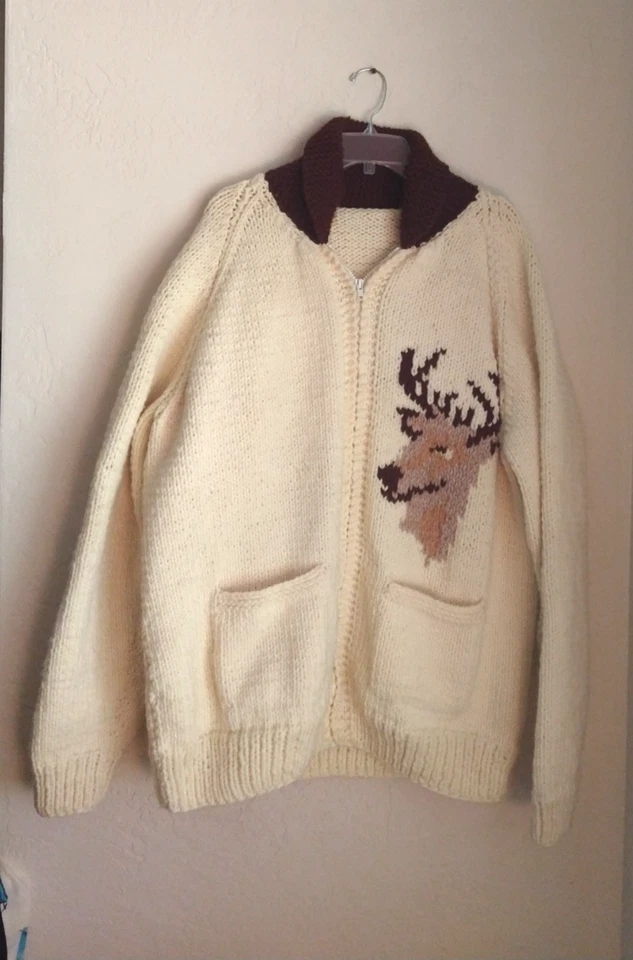Suéter Cowichan Adulto XL CREMA CIERVO Caza Hecho a Mano Lana Cárdigan De Colección Años 60 Foto 3 de 4