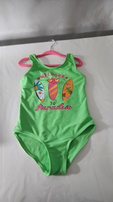 Primark Cares Girls Green One-Piece Swimsuit Graphic ''Welcome to Paradise'' 5-6Y