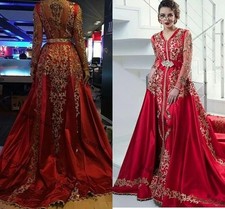 Red Applique Caftan Wedding Dresses with Detachable Train Long Sleeve Beaded