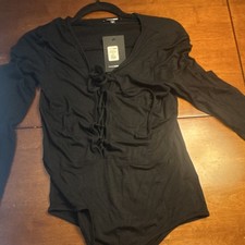 Fashion Nova Women's Black Bodysuit L Regular Solid Opaque Stretch Tie Accent