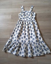 TU White & Blue Shell Print Dress Petite Frilled Cotton Holiday Casual Boho UK10