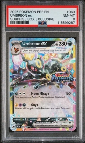 2025 POKEMON PRE EN-PRISMATIC EVOLUTIONS SURPRISE BOX EXCLUSIVE UMBREON EX PSA 8