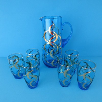 Bohemia  Saftservice 1 Glaskrug 6 Gläser Aquablau Goldrand Böhmisches  Vintage
