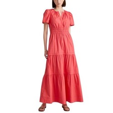 Quince Maxi Dress V-neck Smocked Tiered Coral Pink Cotton Poplin Women’s Size XL