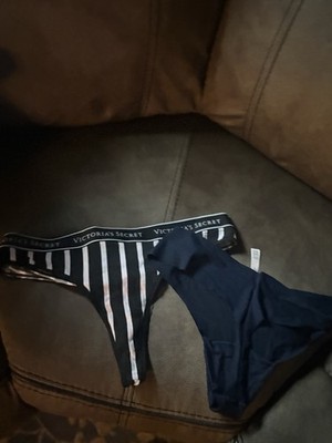 Victoria's Secret XL Thong Panties 2 Pack Black Navy Striped Solid Logo New