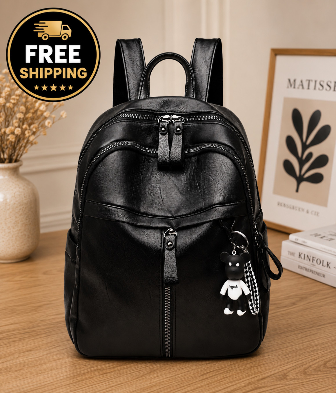 Luxury Waterproof Women’s Leather Black Backpack