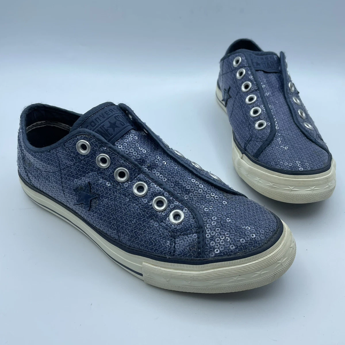 Converse One Star Women Blue Sequin Laceless Sneaker Shoe Size 8M Pre Owned