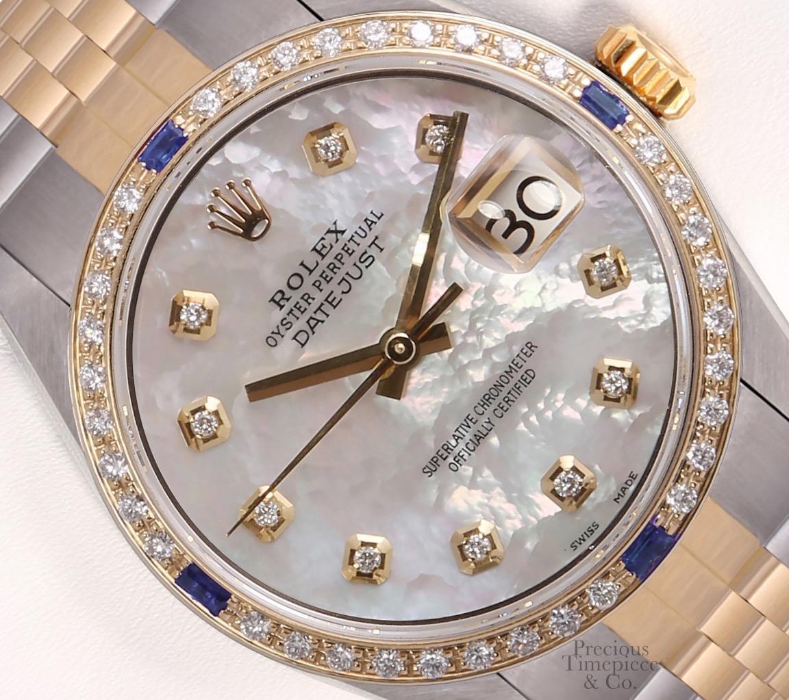Rolex Datejust Two Tone Gold-18k Sapphire Diamond Bezel-White MOP