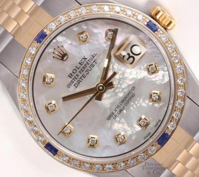 Rolex Datejust Two Tone Gold-18k Sapphire Diamond Bezel-White MOP