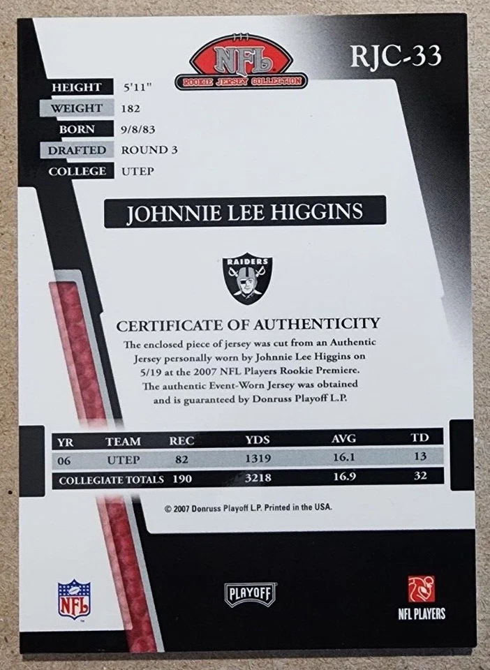 2007 Donruss Playoff Absolute Jersey Patch - Johnnie Lee Higgins #RJC-33 - Image 2 of 2