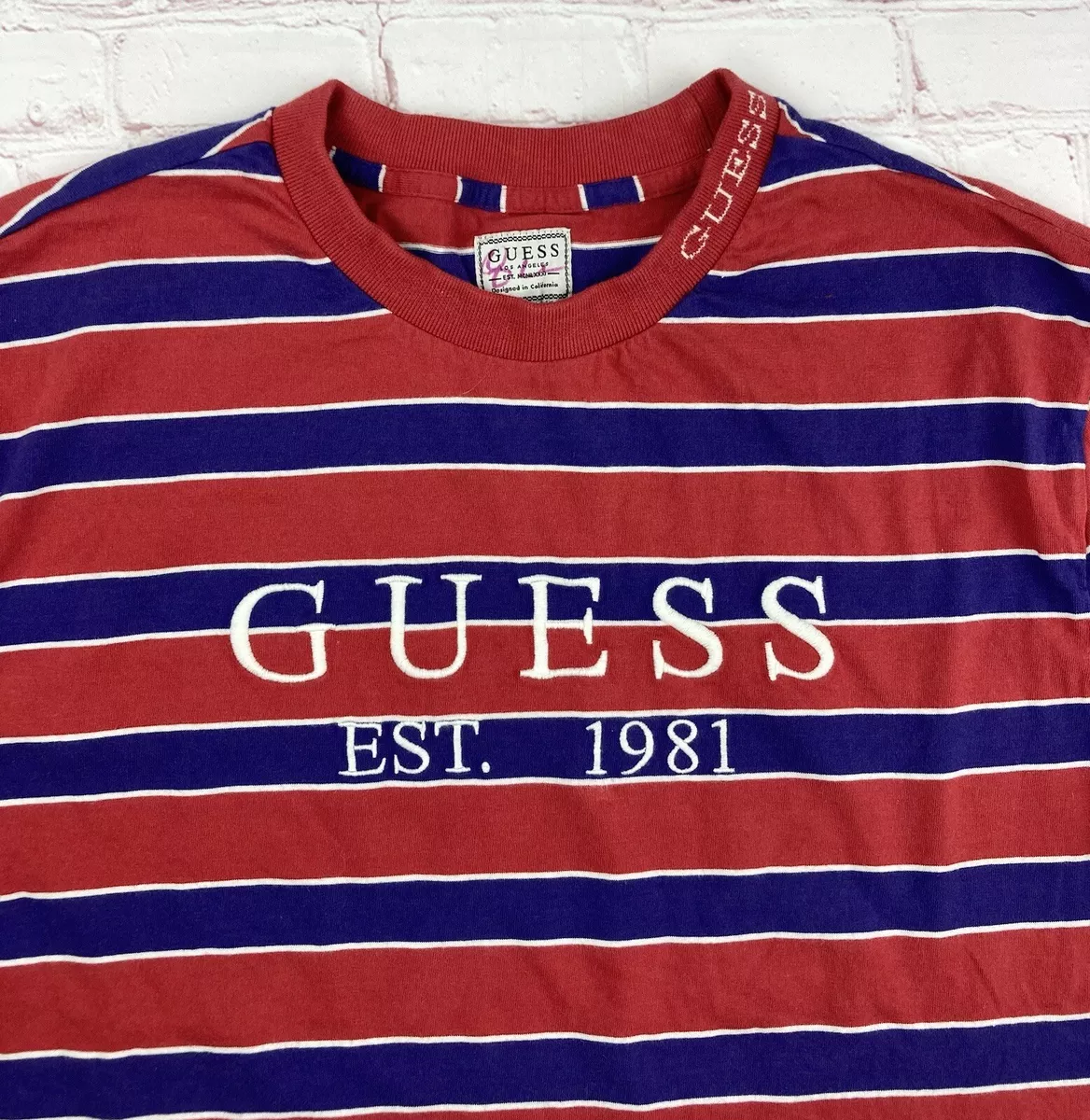 Guess red white 2025 and blue striped shirt