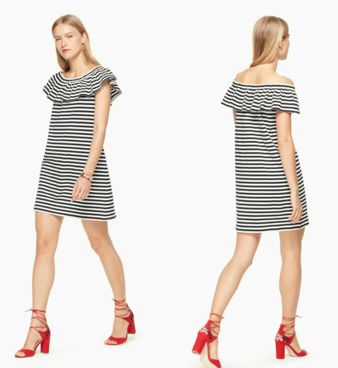 NUOVO abito Kate Spade bianco nero a righe scopa strada spalle scoperte cotone XS